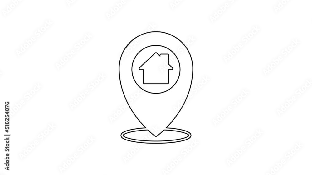Poster black line map pointer with house icon isolated on white background. home location marker symbol. 4k