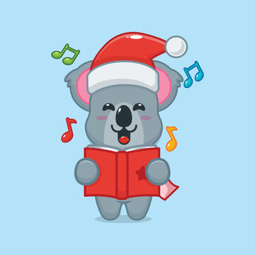Cute koala sing a christmas song. Cute christmas cartoon vector illustration.