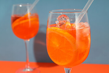 Concept of summer cocktail, Aperol Spritz, close up