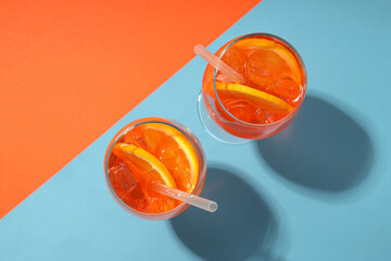 Concept of summer cocktail, Aperol Spritz, top view