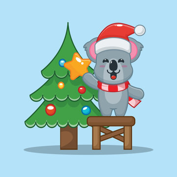 Cute koala taking star from christmas tree. Cute christmas cartoon vector illustration.