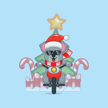 Cute koala carrying christmas gift with motorcycle. Cute christmas cartoon vector illustration.