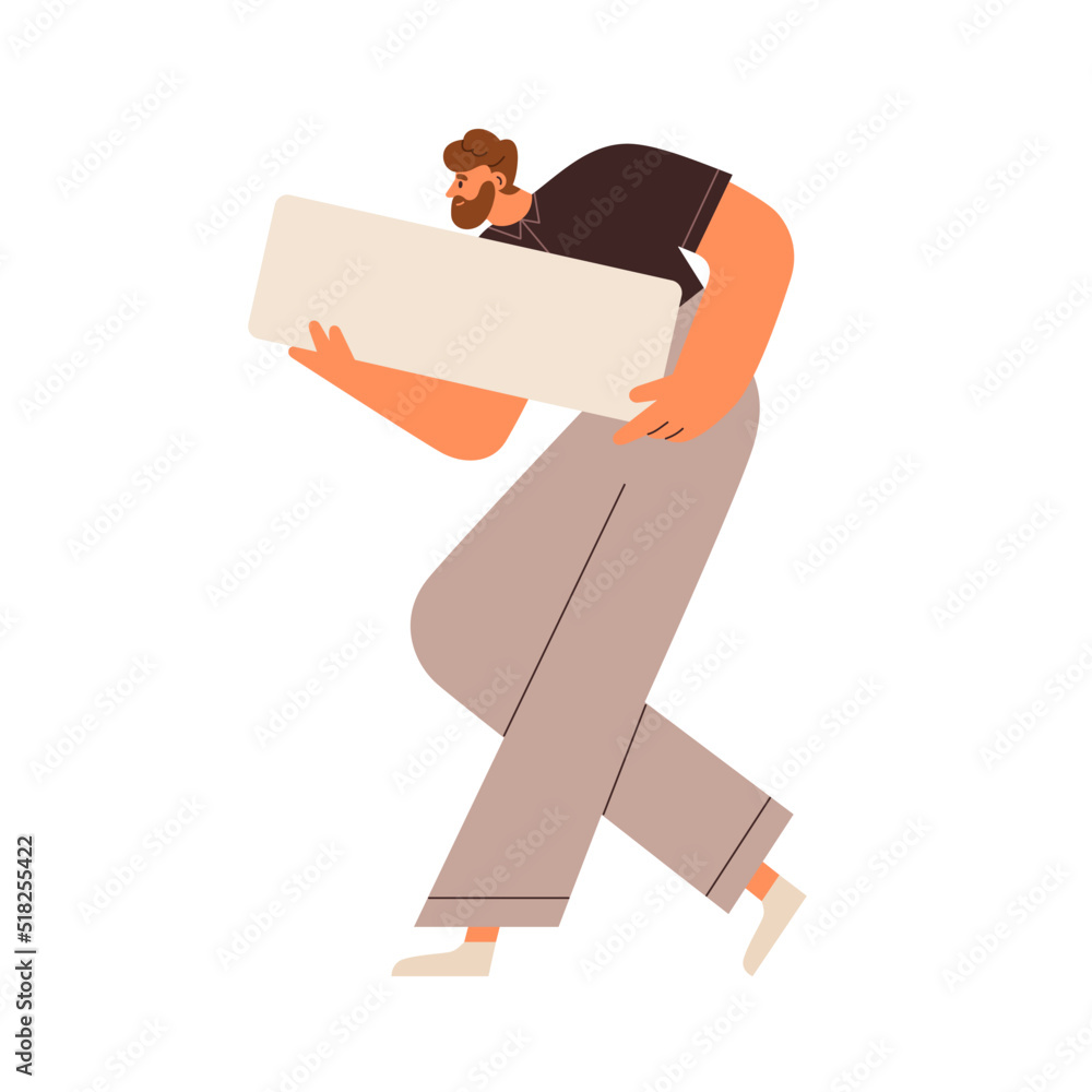 Poster man holding blank paper board for ad message. person carrying empty promotion card mockup in hands. 
