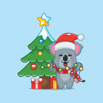 Cute koala with christmast lamp. Cute christmas cartoon vector illustration.