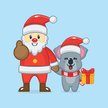 Cute koala with santa claus. Cute christmas cartoon vector illustration.