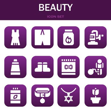beauty icon set. Vector illustrations related with Dress, Swimsuit and Charcoal