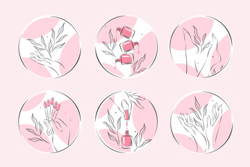 Set of icons for nail studio or salon. Nail polish, nail brush, manicured female hands and legs. Vector illustrations