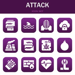 attack icon set. Vector illustrations related with Cardiogram, Shark and Martial arts