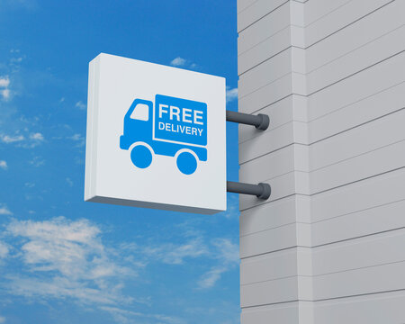 Free delivery truck flat icon on hanging white square signboard over blue sky, Business transportation service concept, 3D rendering