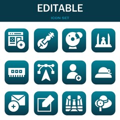 editable icon set. Vector illustrations related with Add, Veena and Cam