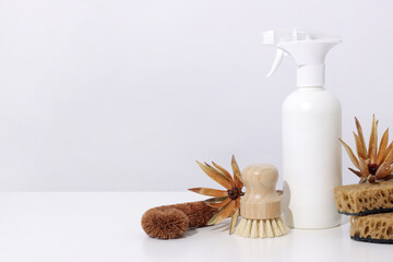  Zero waste cleaning product and dish washing brush, sponge on white background. Concept Eco-friendly, natural laundry, copyspace.