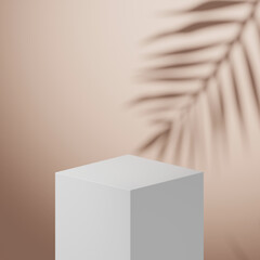 3D white podium or stage for packaging presentation and cosmetic. mock-up product scene with a palm shadow background. 3d rendering minimal style