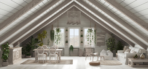 Mezzanine living and dining room in boho style with bleached wooden gabled ceiling. Dining table with chiars and sofa. Potted plants and decors. Bohemian interior design