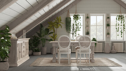 Bohemian mezzanine living room in boho style. Dining table with chiars and wooden bleached sideboard with gabled ceiling. Potted plants and decors. Mediterranean interior design