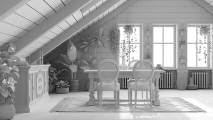 Total white project draft, bohemian mezzanine living room in boho style. Dining table and sideboard with gabled ceiling. Potted plants and decors. Mediterranean interior design