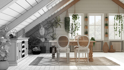 Architect interior designer concept: hand-drawn draft unfinished project that becomes real, bohemian mezzanine living room in boho style. Table and sideboard with gabled ceiling