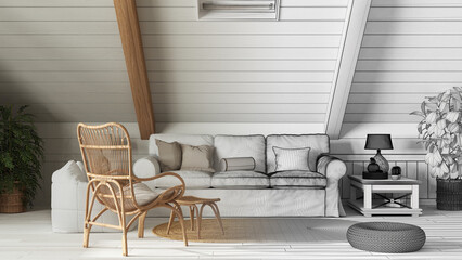 Architect interior designer concept: hand-drawn draft unfinished project that becomes real, country mezzanine living room in boho style. Sofa and rattan armchair, wooden side table