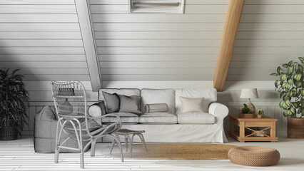 Architect interior designer concept: hand-drawn draft unfinished project that becomes real, country mezzanine living room in boho style. Sofa and rattan armchair, wooden side table