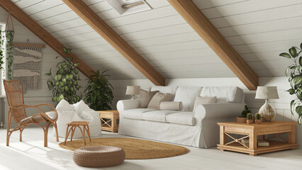 Country mezzanine living room in boho style. Sofa and rattan armchair, oak wooden side table. Potted plants and jute carpet. Bohemian interior design