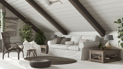 Country mezzanine living room in boho style. Sofa and rattan armchair, dark wooden side table. Potted plants and jute carpet. Bohemian interior design