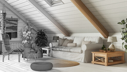 Architect interior designer concept: hand-drawn draft unfinished project that becomes real, country mezzanine living room in boho style. Sofa and rattan armchair, wooden side table