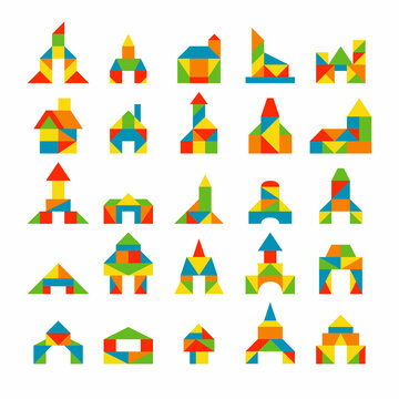 tangram puzzles. collection of triangle puzzles different constructions abstract houses funny buildings. Vector set