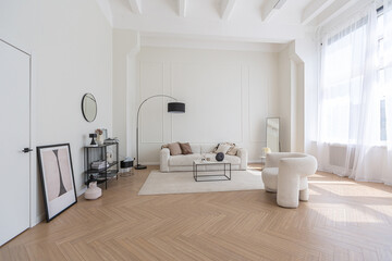 super white simple clean and stylish interior with modern furniture in nude color and contrasting...