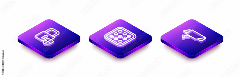 Poster set isometric line shield security with lock, graphic password protection and security camera icon. 