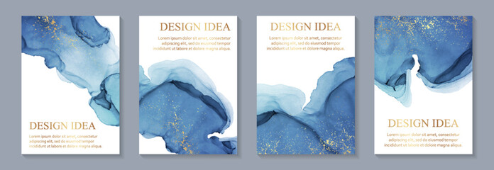 Modern watercolor background or elegant card design for birthday invite or wedding or menu with abstract blue ink waves and golden splashes.