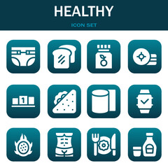 healthy icon set. Vector illustrations related with Diapers, Bread and Vitamin c