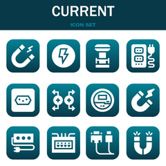 current icon set. Vector illustrations related with Magnet, Electricity and Tesla coil