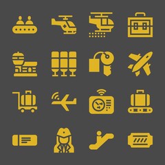 airport web icons. Conveyor and Helicopter, Suitcase and Plane symbol, vector signs