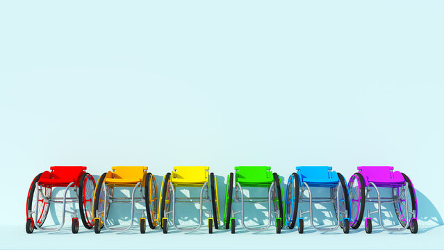 Rainbow Pride Wheelchair LGBTQ Inclusive Disability Pride Month Lined Up in a Row with Pale Pastel Blue Background 3d illustration render