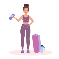 A girl does fitness with dumbbells, yoga mat and bottle of water. Healthy lifestyle concept. Illustration for website, banner or flyer design. 