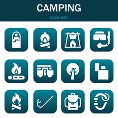 camping icon set. Vector illustrations related with Sleeping bag, Bonfire and Bonfire