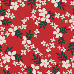 Simple vintage pattern. white  flowers, green leaves. red background. Fashionable print for textiles and wallpaper.