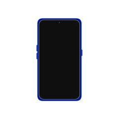 黒い画面が表示された青色のスマートフォン