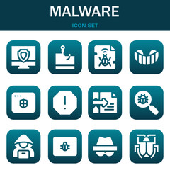 malware icon set. Vector illustrations related with Antivirus, Phishing and Malware