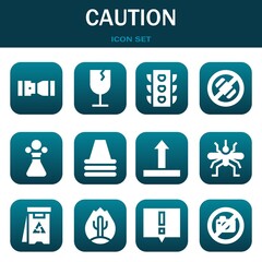 caution icon set. Vector illustrations related with Seat belt, Fragile and Traffic light