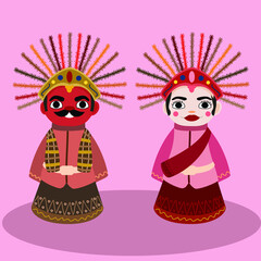Giant Puppets Ondel-ondel culture of Jakarta. Ondel - ondel, giant puppet. The traditional puppets origin Jakarta Indonesia. Mascot of Jakarta - Betawi. Vector illustration style for wallpaper, poster