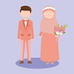 muslim wedding flat color vector illustration set. Religious ceremony for marriage. Bride and groom 2D cartoon characters