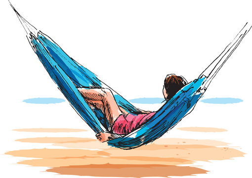 Colored hand sketch of a woman in a hammock. Vector illustration.