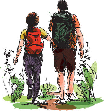 Colored hand sketch of tourists. Vector illustration.