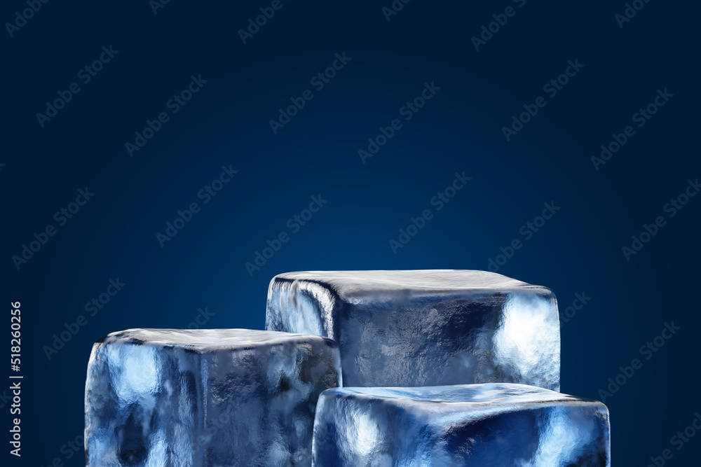 Poster Cool ice cube podium stage blue 3d background with winter iceberg product display empty presentation scene or cold advertising platform stand studio template and blank snow pedestal frozen backdrop.