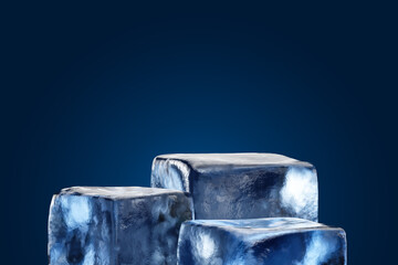Cool ice cube podium stage blue 3d background with winter iceberg product display empty...