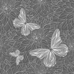 Grey aster vector seamless pattern with butterflies. Hand drawn silhouettes of spring chrysanthemum flowers. Dry brush style floral motives. Monochrome print