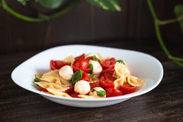 Pasta salad with tomato, mozzarella and basil. Quick and cold summer dish, ideal for a vegetarian diet. Convenient food to take to the office.