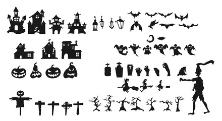 Set of halloween silhouettes black icon and character. Vector illustration. Isolated on white background.