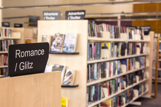 Romance and adventure sections of books at the library