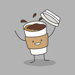 Coffee paper cup cartoon character greeting smiling face hands up happy joy emotions icon vector illustration.